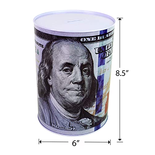 $100 Dollar Bill Piggy Bank 5 7/8\" Tall Coin Saving Money Currency Benjamin Franklin Tin Can Banknote Jar (1 Pack, 8 1/2\" X 6\")