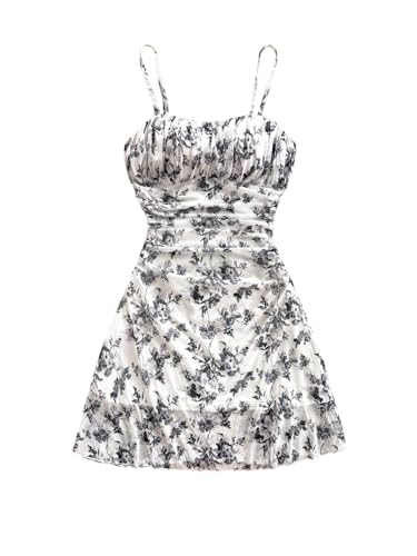 WDIRARA Women's Floral Print Ruched Cami Dress Spaghetti Strap Ruffle Hem Mesh Mini Dress