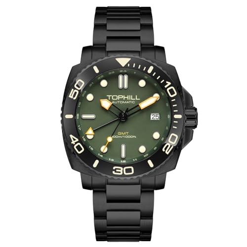 TOPHILL Automatic Dive Watch for Men, 300M Waterproof, GMT Watch, Super Luminous, Screw-Down Crown & HEV, Ceramic Bezel, 316L Stainless Steel & Sapphire Crystal - Military Black Watch