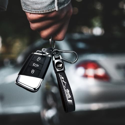 Image of Black Car Keychain, Premium Metal Key Ring & Black Leather, Anti-Scratch Anti-Drop Compatible with Toyota Tacoma 4Runner Tundra TRD Camry Rav4, with Tri-Color Stripe Emblem
