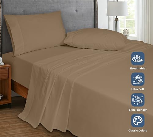 Image of Royale Linens 100% Organic Cotton Twin XL Flat Sheet Only - Super Soft - Percale Top Sheets - Twin XL Flat Sheet Sold Separately - Breathable, Cool & Crisp Sheets Only (66 inch x 102 inch, Chocolate)