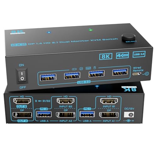 8K 2 Monitore 2 PC KVM Switch Displayport 1.4 + HDMI 2.1 Dual Monitor KVM Switcher 2 IN 2 OUT 2 Ports KVM-Switches Max Unterst&uuml;tzung 8K@60Hz/4K@144Hz f&uuml;r 2 PCs teilen sich 2 Bildschirme und 4 USB 3.0