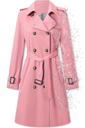 Betusline Women's Long Trench Coat Waterproof Double Breasted Classic Windbreaker Jacket Lapel Overcoat Outerwear with Belt, Pink, 2XL