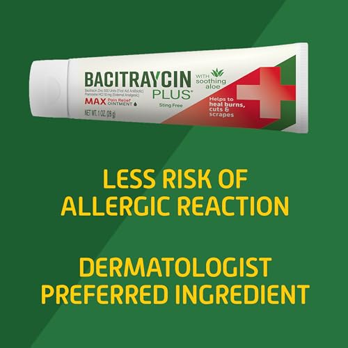 Bacitraycin Plus Max Strength First Aid Antibiotic Wound Healing + Pain and Itch Relief Ointment for Minor Cuts, Scrapes and Burns, with Bacitracin Zinc and Moisturizing Aloe Vera, 1 oz, 2 Pack