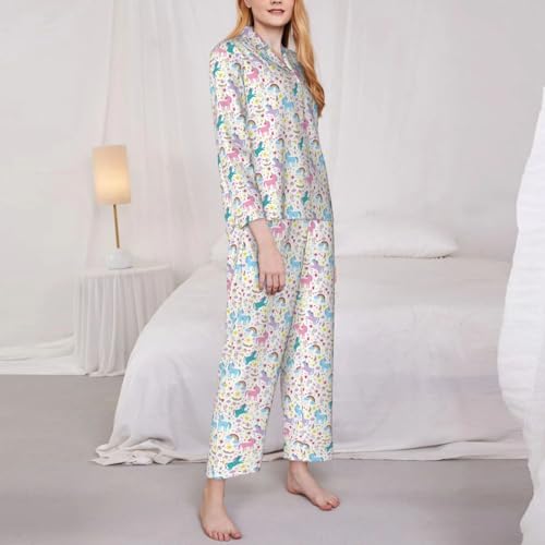 Pyjama licorne rose femme long 2 pièces décontracté