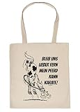 Comic Pferd Tasche - Spruch/Motiv Pferd Stofftasche : Bleib Uns Lieber fern Mein Pferd kann Karate - Stalltasche Reitsport - Farbe : Creme