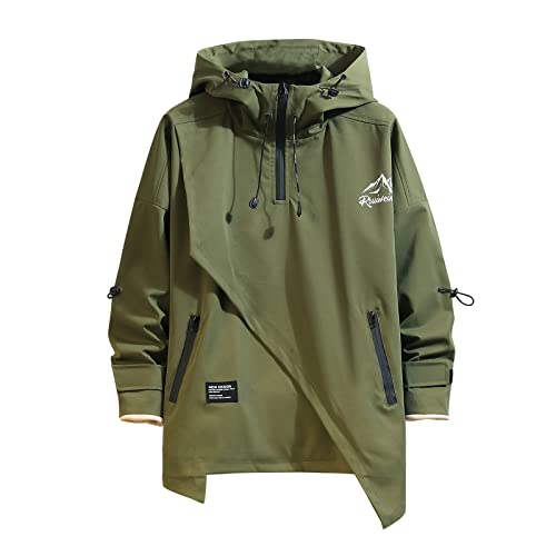 GURUNVANI Men's Hooded Jacket OverSize jackets for men Patchwork Zipper Coats，GREEN，Large