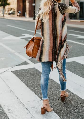 Image of Women's Open Front Knited Tassels Slash Loose Cardigan Crew Neck Speckled Fringe Sweater Outwear