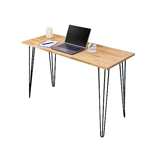domli Solid Oak Wood Home Office Computer Desk With Black Hairpin Legs | 1500mm x 500mm x 40mm | Modern Wooden Workstation Table For Work, Writing And Study | Black Metal Hairpin Legs