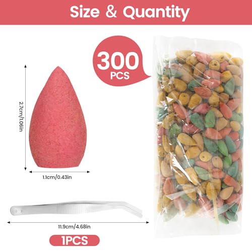 300 Stück Räucherkegel, Wasserfall Rückfluss Räucherkegel, Bunte Räucherstäbchen Lavendel Jasmin Beifuß Rose Sandelholz Räucherstäbchen mit Pinzette, für Teestube Arbeitszimmer Büro