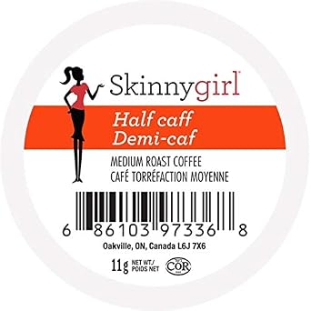 Skinnygirl Half Caff Coffee Pods for Keurig K Cups Brewers, Reduced Caffeine Medium Roast Coffee in Single Serve Cups, 24 Count