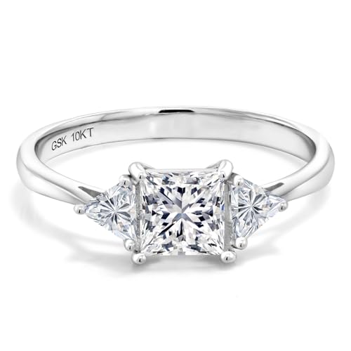 Gem Stone King 10K White Gold Lab Grown Diamond 3 Stone Engagement Ring For Women | 1.00 Cttw | Princess 5MM and Trillion 3.5MM | 3 Stone Wedding Anniversary Gold Ring2
