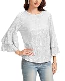 Kyzoeyou Sequin Top Sparkly Tops for Women Long Sleeve Blouse Round Neck Tunic Fully Lined T Shirt for Party Going Out Daily Wearing(Silvery Large)
