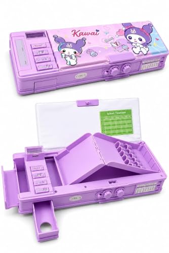 Image of WORSHIPER Multifunction Pencil Box for Girls with 2-Digit Password Lock, Built-in Sharpener & Calendar, Dual Sided Magnetic Geometry Compass Box School Gift (Kurumi Purple - Com.Box Password Lock)