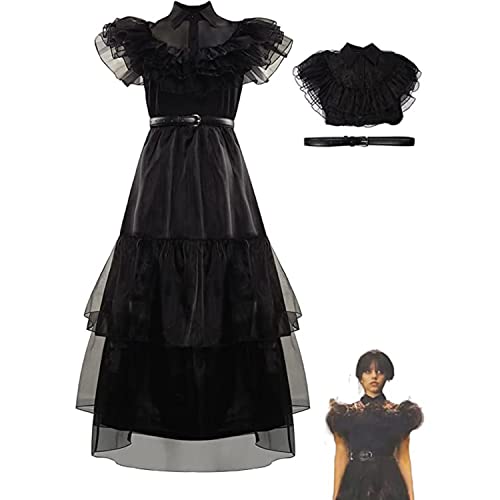 Wednesday Addams Kostüm, Wednesday Addams Kleid für Kinder Damen Mädchen, Addams Family Merchandise Gothic Thing Geschenke für Faschingskostüme Karneval Halloween Cosplay Kostüme, Schwarze