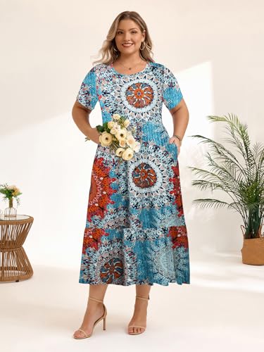 Image of LARACE Plus Size Dresses for Women Summer Casual Short Sleeve Long Dress Flowy Maxi Beach Dresses with Pockets L-6XL
