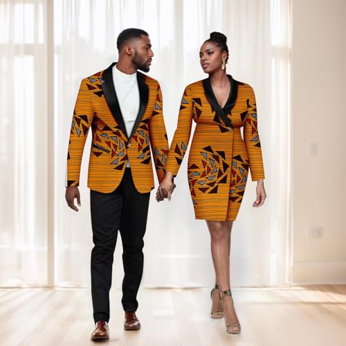 African Couple Ankara Printed Fabric Top Formal Men's Matching Pants 2 Piece Set Women's Sexy Lapel Dresses2