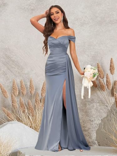 Fancy Bridesmaid Dresses for Wedding Off The Shoulder Mermaid Satin Prom Dress Formal Gown with Draping2