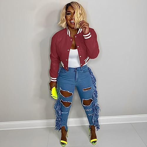 Image of Mintsnow Womens Varsity Jacket Long Sleeve Button Down Bomber Jackets Casual Baseball Uniform Streetwear