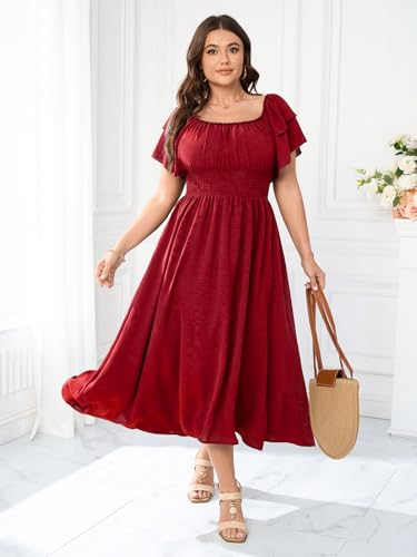Image of Plus Size Maxi Dress Off The Shoulder Ruffle Smocked Wedding Guest Cocktail Slit Hem Flowy Dresses for Curvy Women