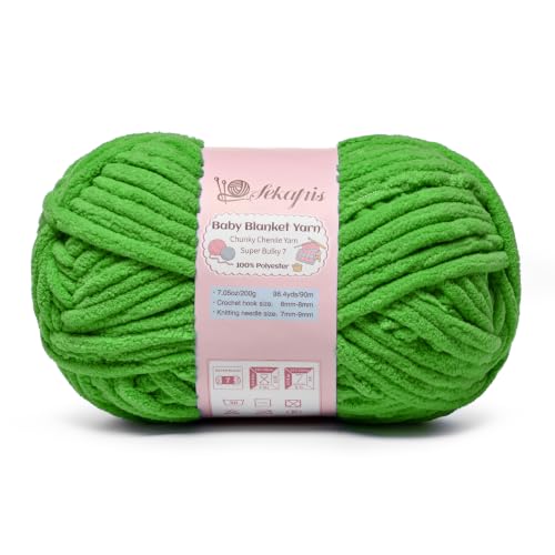 Image of Lime Green 7.05 oz /98.4 yds Chunky Chenille Yarn for Crocheting, #7 Super Bulky Baby Blanket Yarn for Crocheting Soft, Fluffy Velvet Yarn for Knitting, Amigurumi Crochet Yarn for Crafts