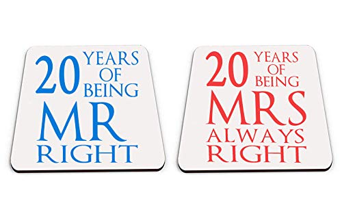 Being Mr Right & Mrs Always Right Set of 2 Wedding Anniversary, Valentines Day, Couple Square Coaster Set. (20 Years)
