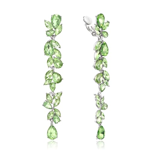 Crysdue Clip On Earrings for Women Rhinestone Crystal Teardrop Cluster Wedding Bridal Non Pierced Long Dangle Earring for Prom Party