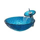 Lavabo De Salle De Bain Motif Pierre Bleue Lavabo-Vasque en Verre Trempé avec Robinet À Cascade Vasque À Poser Salle De Bain Bol Rond De Lavabo pour La Maison, L\'hôtel