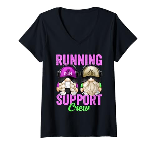 Femme Funny Marathon Runner GNOME for Teacher Running Support Crew T-Shirt avec Col en V