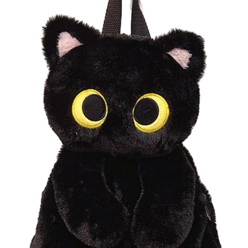 Fonowx Plüschtier Katze Rucksack, Damen Katzen Plüsch Rucksack, Niedliche Schultasche, Cute Plush Animal Cat Backpack, Plush Daypacks, Kitten Cartoon Backpack für Snack Handy Kosmetik, Schwarz