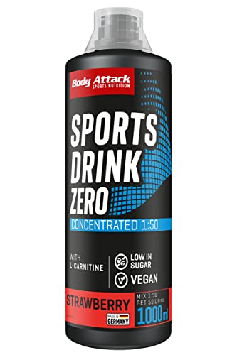 Body Attack Low Carb Sports Drink, bebida deportiva concentrada equivale a 50 litros, sin azúcar y bajo en calorías, vegano con carnitina y vitaminas, fresa, 1 x 1000 ml Cover