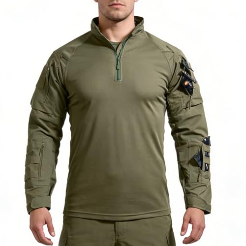 Men's Tactical Shirts Military Combat Shirt，1/4 Zipper Long Sleeve Ripstop Top for Outdoor Paintball Airsoft Khaki XL