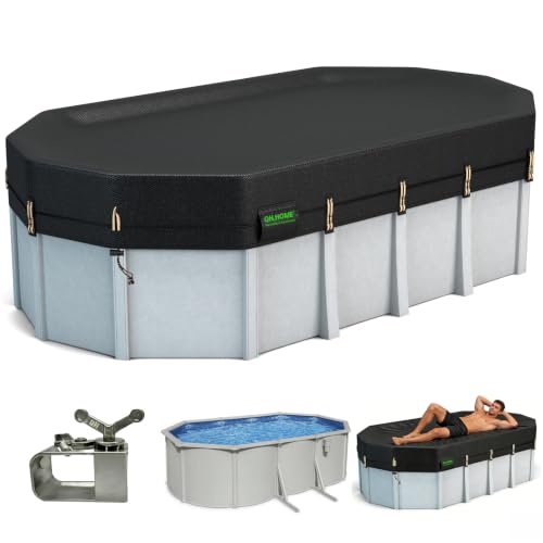 QH.HOME 550D 18x33 FT Oval Pool Cover [Upgraded Tear Resistant & Threefold Windproof] wth Pre-Installed Winch and Rope Pool Covers for Above Ground Pools Oval-Snug Fit & Waterproof Protection