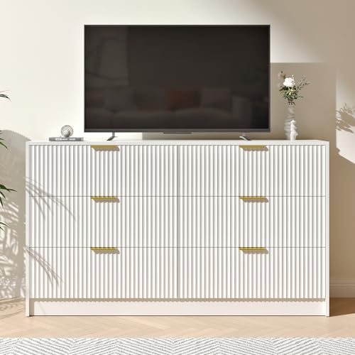 Image of White 6 Drawer Dresser Bedroom,55 inch Wide Large White Fluted Dresser with Gold Handles, Modern Chest of Drawer for Closet, Bedroom, Living Room