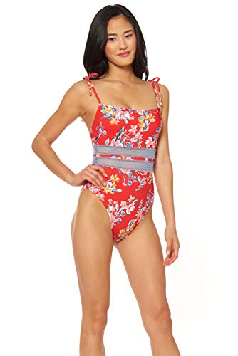 Jessica Simpson Women's Standard Straight Neck One Piece Swimsuit Bathing Suit, Red Floral Spaghetti Strap, M #TOP2