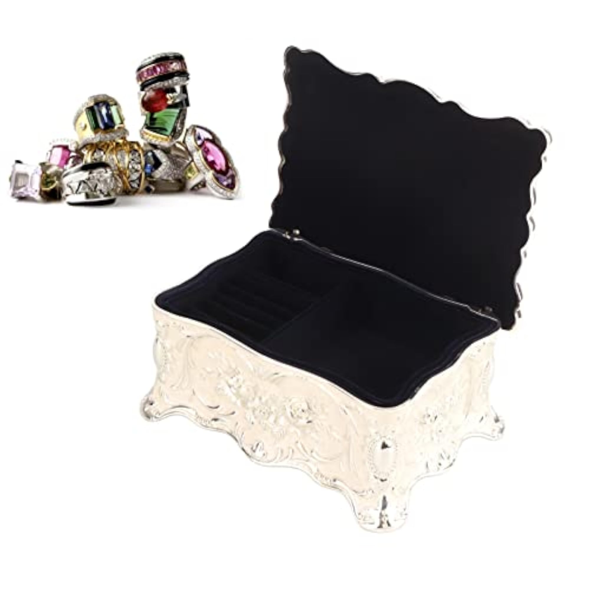 Vintage Double Layer Treasure Chest Jewelry Box, Silver White