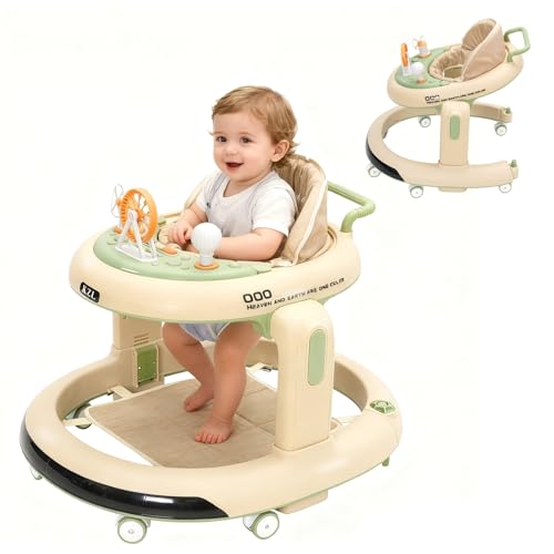 3 en 1 Trotteur Bébé,Babywalker avec 6 Hauteurs Réglables, Trotteur avec Roues Silencieuses à 360°,Plateau Repas et Plateau d'activités Musical Amovible, 6 Mois et plus(Vert)
