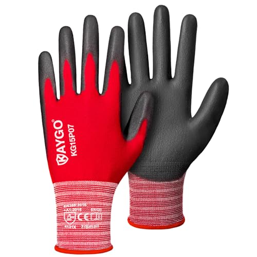 KAYGO Ultra Thin PU Coated Work Gloves, Nylon Knit, KG15P, 12 Pairs