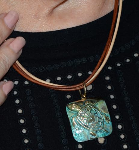 Elaine Coyne Collectible Artwear Verdigris Patina Solid Brass Classic Sea Turtle Pendant on Triple Rawhide by Elaine Coyne -Necklace is USA Made4