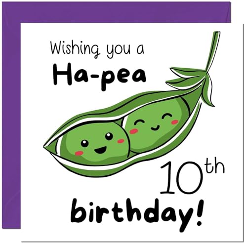 10th Birthday Card for Men Women Cute Pea Funny Birthday Card for 10 Year old Girls Daughter Kids ten, tenth Granddaughter Niece Sister cousin