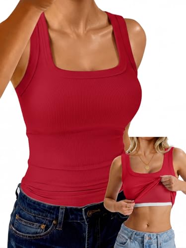 GKBK Womens Built in Bra Tank Tops Square Neck Sleeveless Shirts Ribbed Basic Racerback Fitted Tops Red