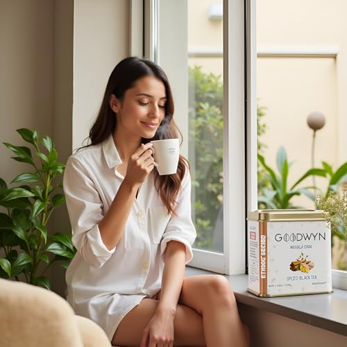 Image of Goodwyn Kadak Masala Chai (100g) - Assam Tea with Cardamom, Cinnamon, Clove, Ginger & Black Pepper | Black & Milk Tea | Boosts Immunity, Aids Digestion & Energy | Export Quality | Reusable Tin Can