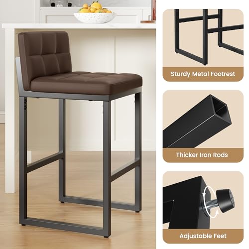 Image of Brown 24 inch Bar Stools Set of 2, Modern Faux Leather Counter Height Bar Stools with Low Back and Footrest, Sturdy Thickened Metal Leg, Upholstered Kitchen Bar Chairs for Island