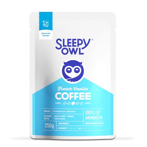 Image of Sleepy Owl French Vanilla Ground Coffee for Pour Over | 100% Arabica | Medium Roast | Medium Grind Coffee for Aeropress, Homemachine | 250g | Sourced From Chikmagalur