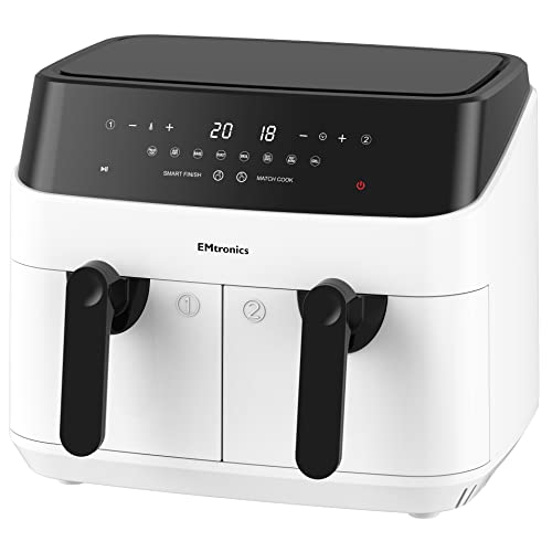 EMtronics EMAFDD9LWH Dual Air Fryer Extra Large Family Size Double XL 9 Litre with 8 Adjustable Pre-Set Menus for Oil Free & Low Fat Healthy Cooking Easy Clean Metal Interior 99-Minute Timer - White