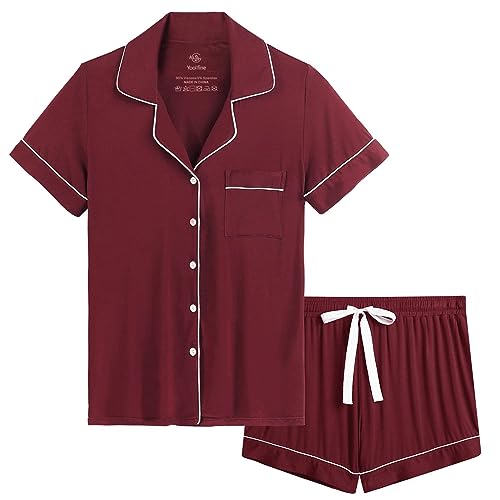 Yoolfine Womens Pajama Sets Short Sleeve Sleepwear Soft Button Down Nightwear Lounge Pj Set,Medium,Burgundy #TOP2