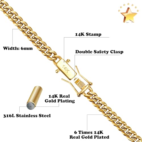 CG&KYGG 6mm Miami Cuban Link Chain 14K Real Gold Plated 316L Stainless Steel Solid Bracelet for Mens Womens(Double Safety Clasp, Christmas or Birthday Gift)2