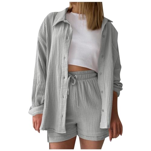 GOSEAGOTOFUN Two Piece Travel Sets for Women Long Sleeve Button Down Shirts and Shorts Set Casual Summer Oversized Tracksuit
