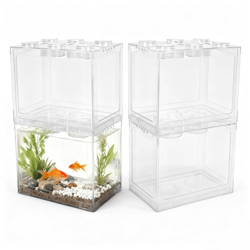 JIABEIUS 4 PCS Small Betta Fish Tank, 0.2 Gallon Mini Aquarium Tank, Cube Stackable Fish Bowl, Tiny Desktop Tank for Small Fish, Insect, Shrimp, Turtle, Spider