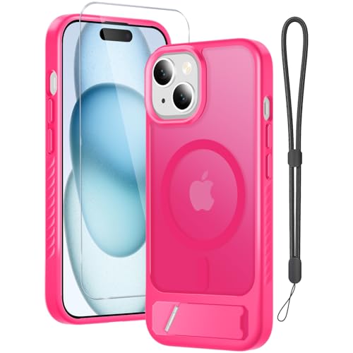 RMOCR for iPhone 15 Case & iPhone 14 Case with Screen Protector+Lanyard Wrist Strap,Magnetic Translucent Matte Rugged Slim Phone Cover Built in Invisible Kickstand [Fit for MagSafe],Hot Pink